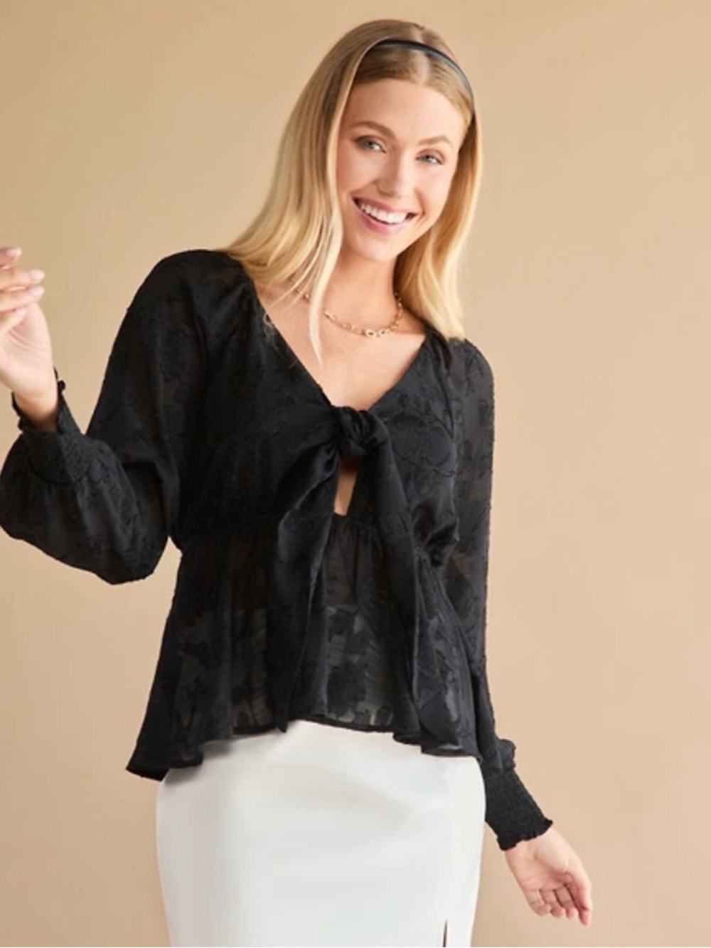 Francesca’s Tracy Tie Front Jacquard Blouse- Black